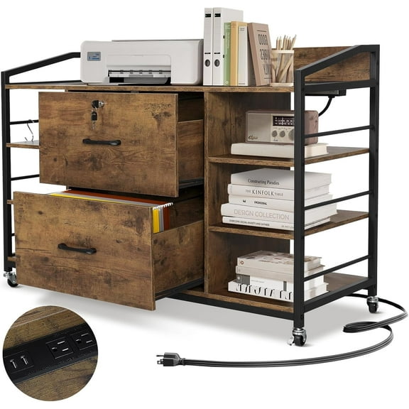 ELECWISH Lateral File Cabinet with 2 Drawer, 44" Rolling Wood File Cabinet with Lock for Letter/A4 File, 6 Storage Shelves with Power Strip, Rustic Brown