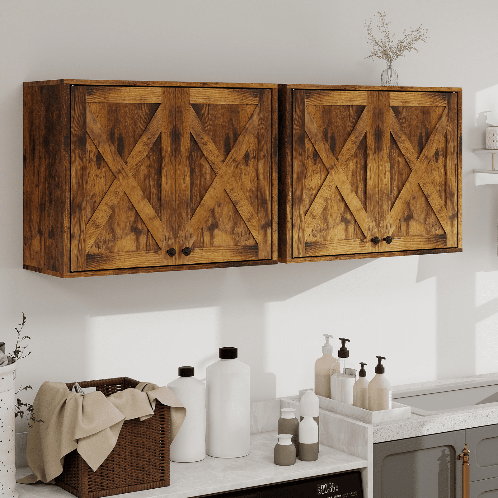 ELECWISH Laundry Cabinet, Medicine Cabinet, Bathroom Kitchen Storage Wall Mounted Farmhouse Organizer with Shelves Over Toilet, One Set of 2 Pieces X 24"