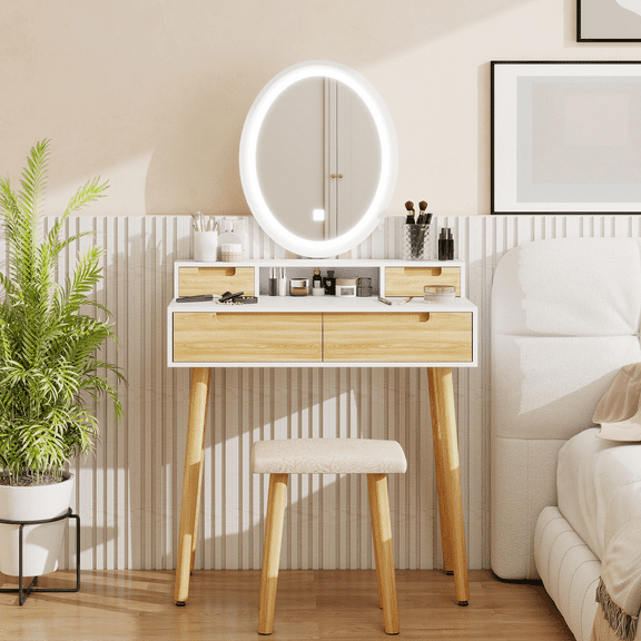 ELECWISH Makeup Vanity Desk with Lights, Small Vanity with Adjustable Brightness Mirror, 3 Modes Mirror, Dressing Table with Drawers for Small Spaces(27.5", Oval Mirror Wood)