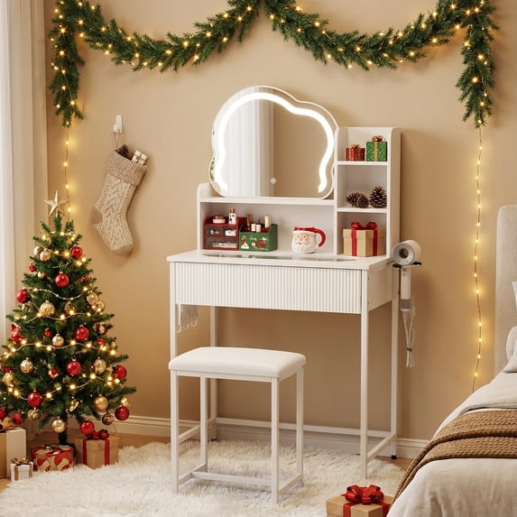 ELECWISH Makeup Vanity Desk with Mirror and Lights, Makeup Vanity Set with Drawers, Small Dressing Up Table, 3 Lighting Modes Dresser Desk and Cushioned Stool Set for Bedroom White