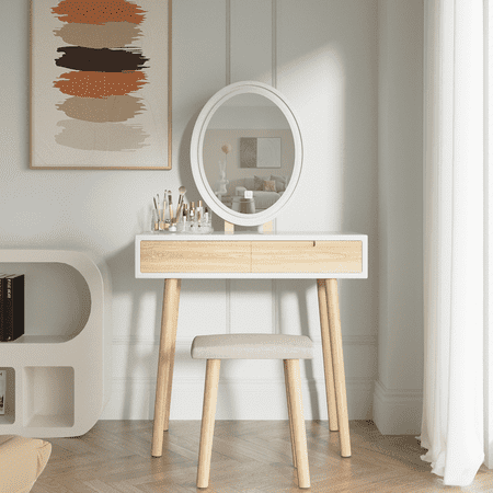 ELECWISH Makeup Vanity with Mirror Bedroom Vanity Desk with Drawers and Cushioned Stool Modern Dressing Table,Oval Mirror Wood