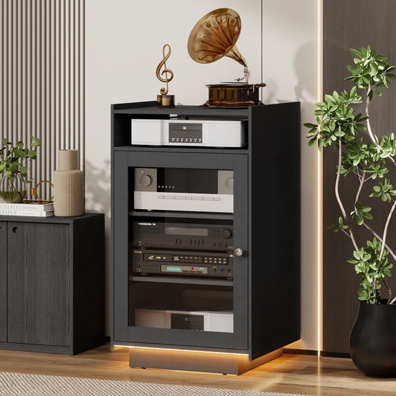 ELECWISH Media Cabinet with Tempered Glass Door, 5-Tier Stereo Cabinet, Media Stand with LED Light, AV Rack with Cable Management