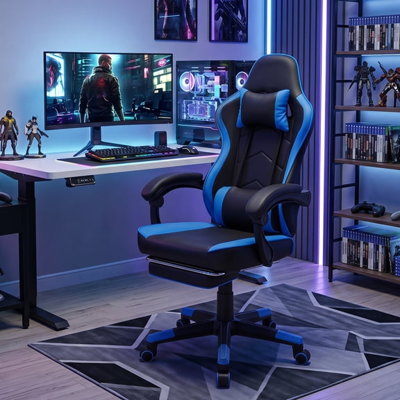 ELECWISH Racing Style Reclining Gaming Chair High Back Ergonomic Adjustable Swivel Computer Chair with Footrest Headrest and Lumbar Support PU Leather Executive Office Chair (Blue)