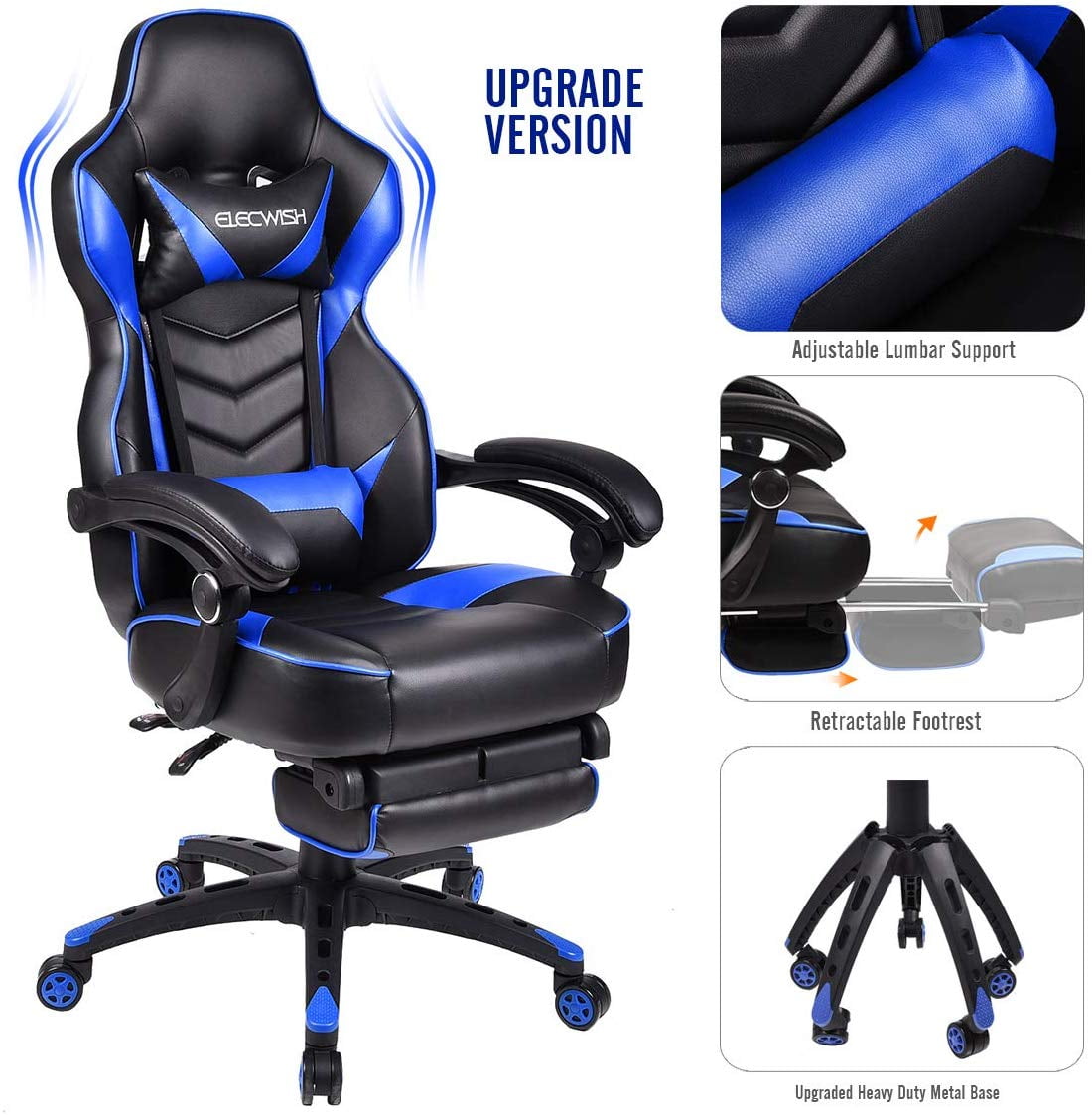 Elecwish Racing Gaming Chair with Footrest and Massage Lumbar Pillow,  Swivel Height Adjustable Reclining PU Leather