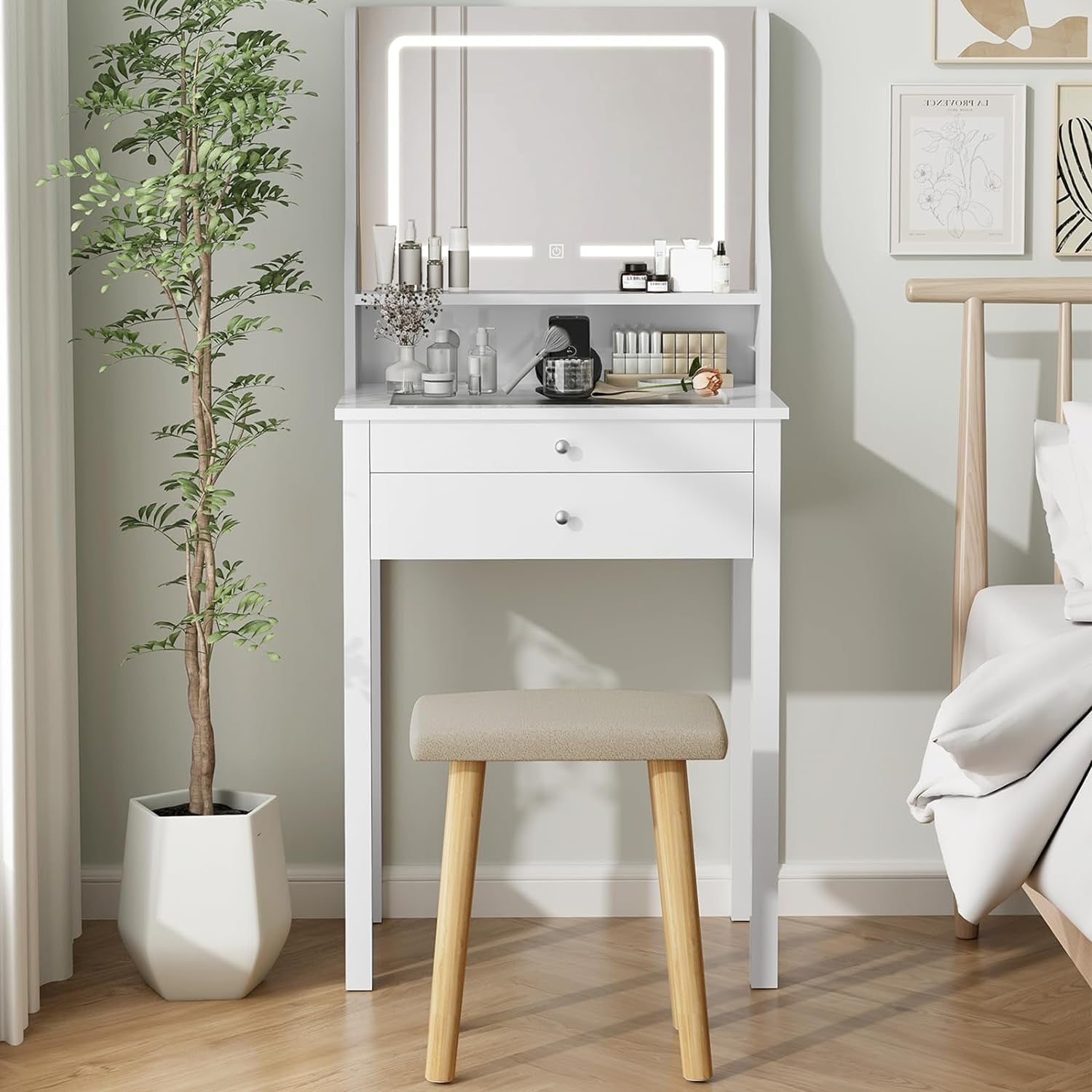 ELECWISH Small Vanity Desk with Mirror and Lights Makeup Vanity Set with Chair and Drawers for Small Space White Vanity Desk for Bedroom