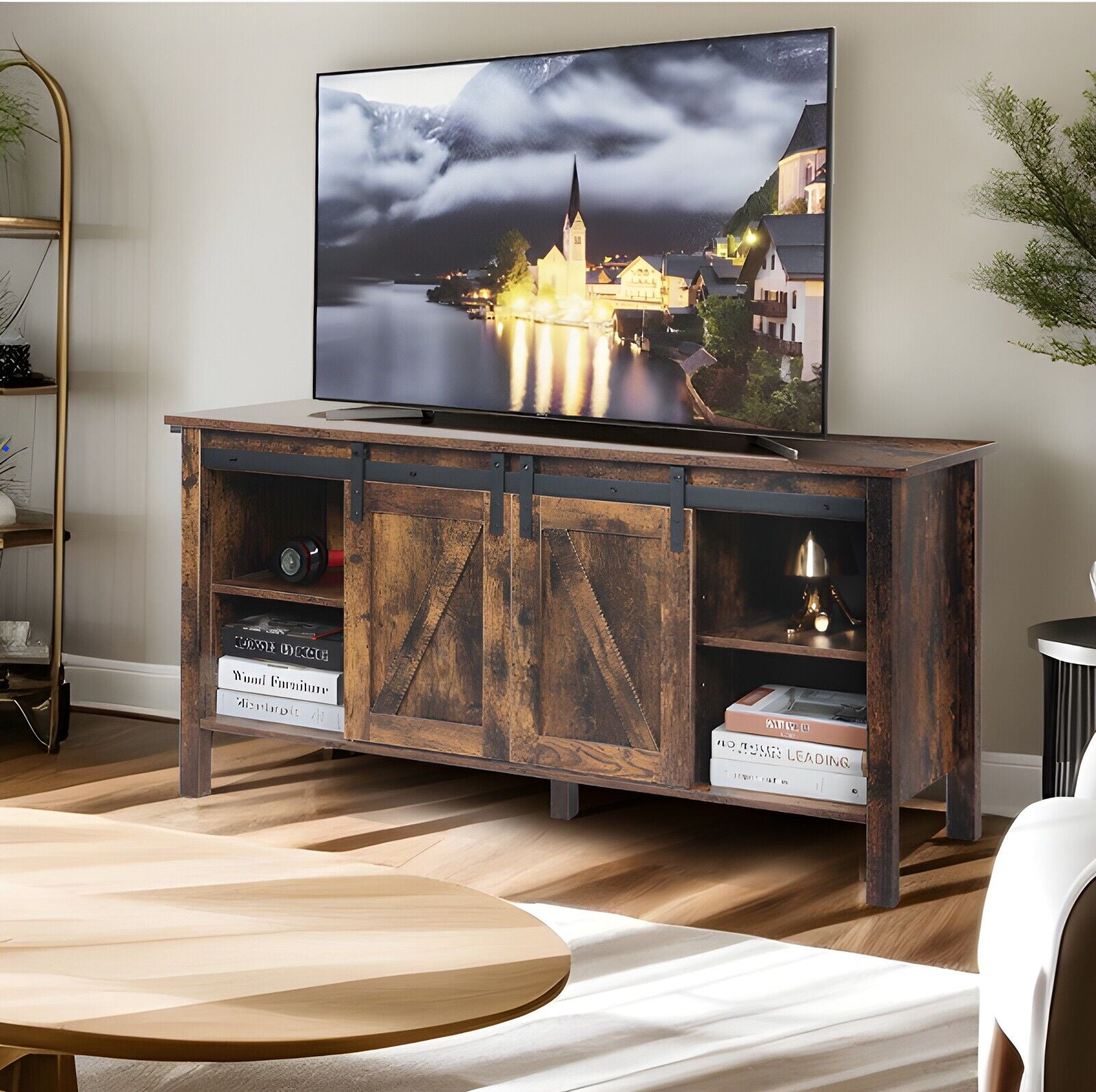 TV Stand for 55-Inch TV with Barn Doors,Rustic Brown and Black