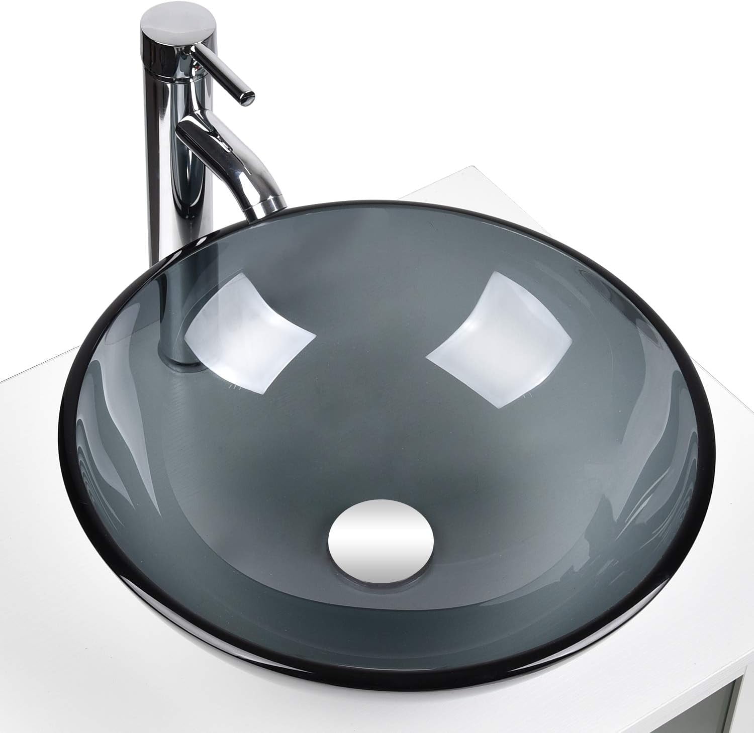 ELECWISH Tempered Glass Vessel Bathroom Vanity Sink Round Bowl, Chrome ...