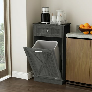 ELECWISH Tilt Out Trash Cabinet in Gray, 10 Gallon Upgrade Wooden Free Standing Trash Cabinet,Recycling Cabinet with Hideaway Drawer for Kitchen