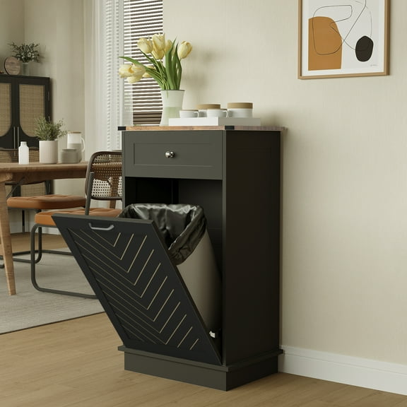 ELECWISH Tilt Out Trash Cabinet, Upgrade Wooden Free Standing Trash Cabinet,Recycling Cabinet with Hideaway Drawer,10 Gallon Tilt Out Trash Cabinet Kitchen(Black)