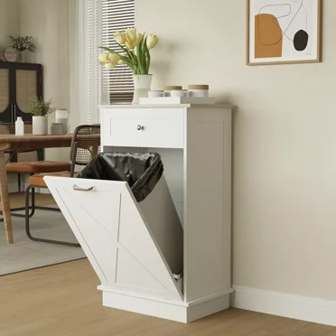 ELECWISH Tilt Out Trash Cabinet, Upgrade Wooden Free Standing Trash Cabinet,Recycling Cabinet with Hideaway Drawer,10 Gallon Tilt Out Trash Cabinet Kitchen(White)