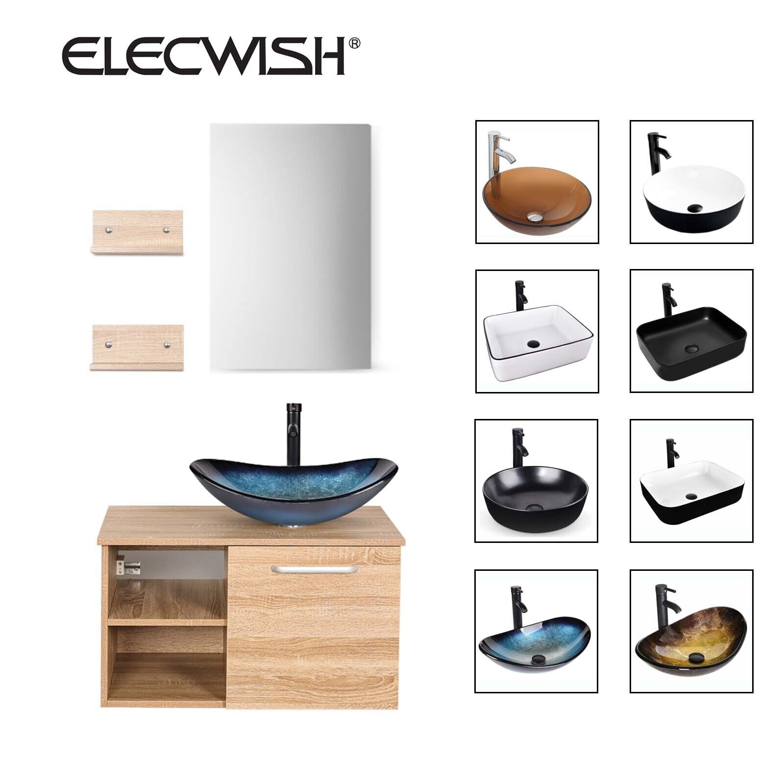 ELECWISH Wall Mounted 28 Inch Bathroom Vanity Wood Floating Cabinet With Mirror Vessel Sink