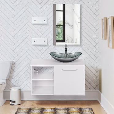 ELECWISH Wall Mounted 28 Inch Bathroom Vanity Wood Floating Cabinet With Mirror Vessel Sink