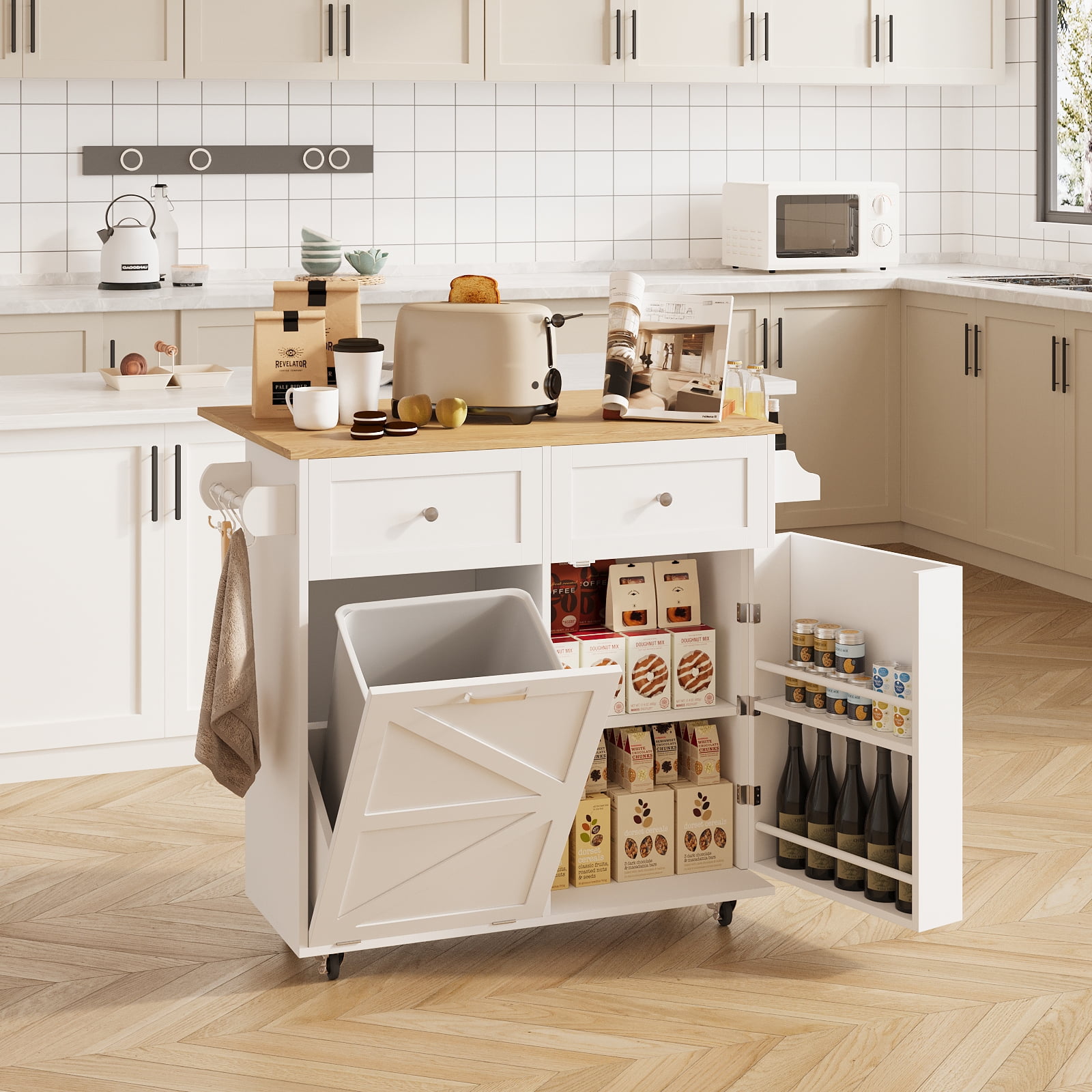 ELECWISH White/Natural Wood 35.4 in. W Kitchen Island Dining Table with ...