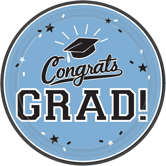 ELEGANI Pastel Baby Blue Color Theme Tableware for Special Occasions, Wedding, Parties, Birthdays and Graduation; Pastel Blue Congrats Grad Lunch Plates 18ct