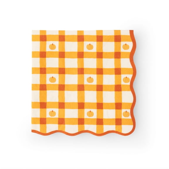 Bonjour Fte Pumpkin Orange Gingham Large Paper Napkins, Disposable Party Supplies, 20 Count, Lunch Size, Halloween, Thanksgiving