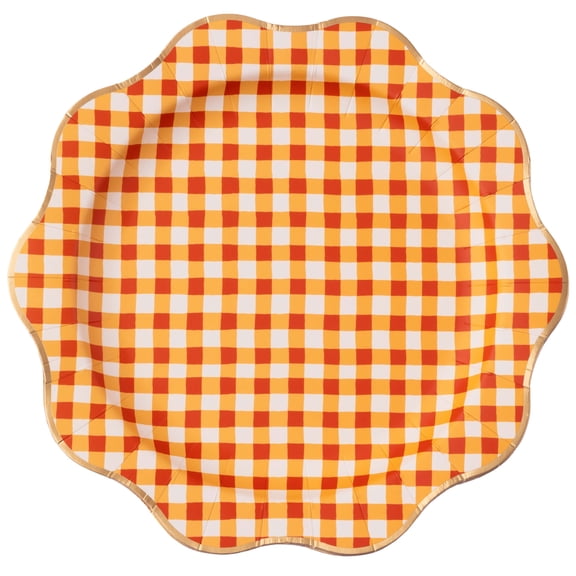 Bonjour Fte Orange Gingham Paper Plates, Disposable Party Supplies, Pack of 8, 11 Inch, Birthday Party, Fall, Thanksgiving