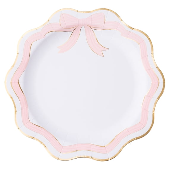 Bonjour Fte Pink Bow Large Paper Dinner Plates, Disposable Party Supplies, 8 Count, 11 Inch, Baby Shower, Spring, Birthday