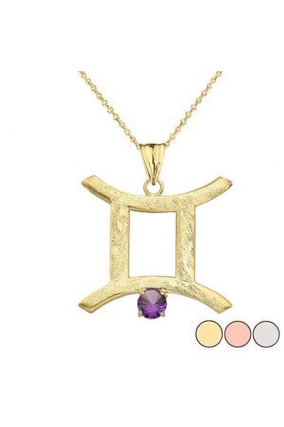 ELEGANT SATIN FINISH GEMINI ZODIAC SIGN JUNE BIRTHSTONE PENDANT NECKLACE IN GOLD : 14K Rose Gold Pendant with 16" chain