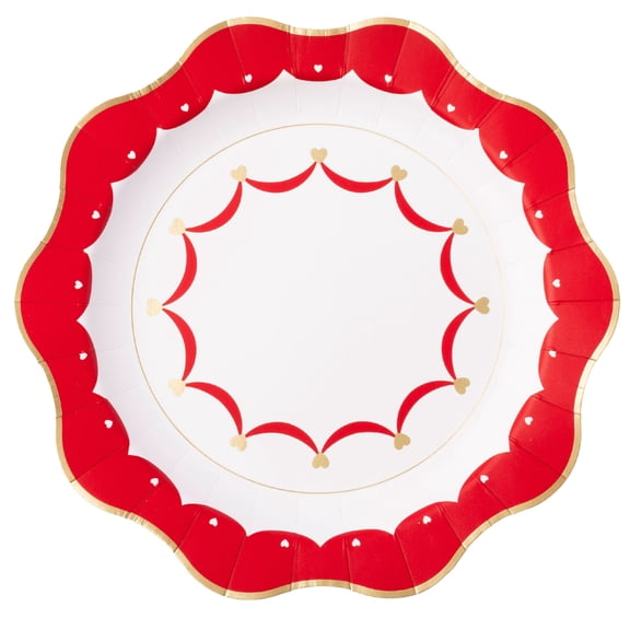 Bonjour Fte Red Scalloped Heart Paper Plates, Disposable Party Supplies, Pack of 8, 11 Inch, Valentines