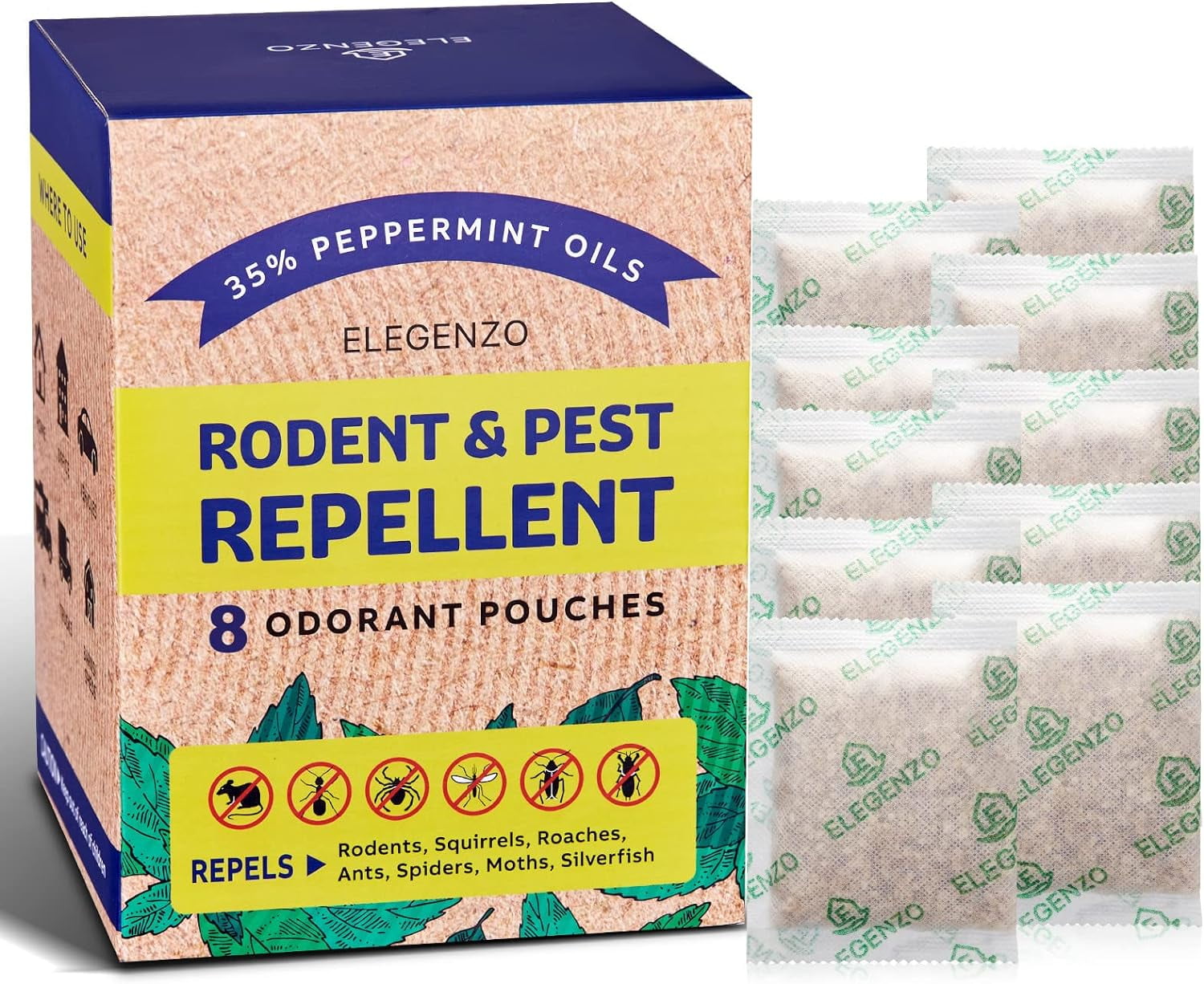 ELEGENZO Rodent Control Pouches Mint Scent, Peppermint Oil Repellent