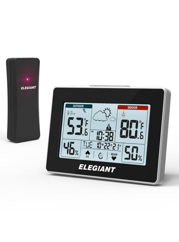 ELEGIANT Wireless Weather Station, Indoor and Outdoor Thermometer with Sensor, Battery Powered, Weather Forecast, Atomic Clock, Moon Phase, Dual Alarm Clock