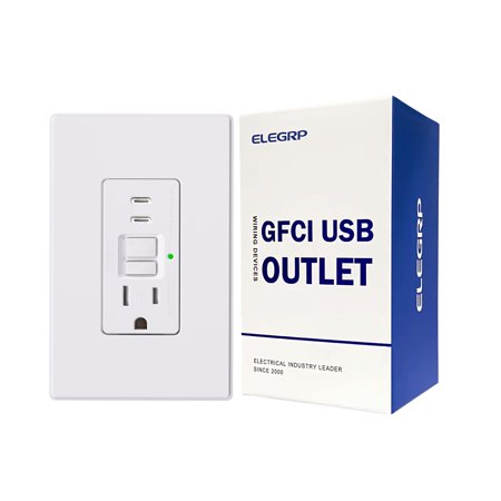 ELEGRP 15 Amp Tamper Resistant Self-Test GFCI Outlet & 24W In-Wall USB Charger combo Receptacle, Dual Type C, Midsize Screwless Wall Plate included, UL & CUL Listed, White, 1 pack