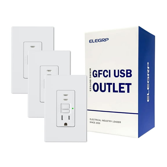 ELEGRP 15 Amp Tamper Resistant Self-Test GFCI Outlet & 24W In-Wall USB Charger combo Receptacle, Dual Type C, Midsize Screwless Wall Plate included, UL & CUL Listed, White, 3 pack