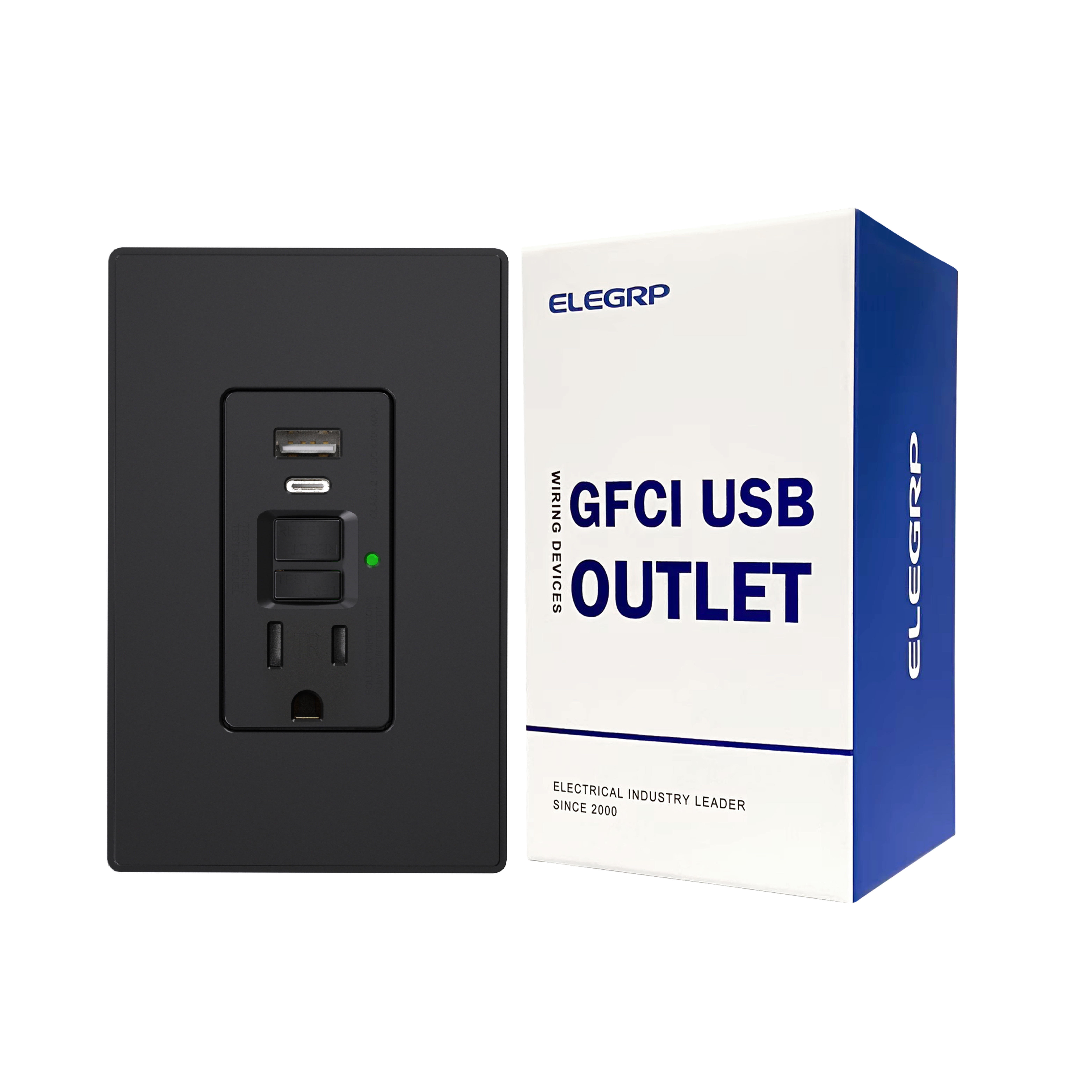 ELEGRP 15 Amp Tamper Resistant Self-Test GFCI Outlet & 24W In-Wall USB Charger combo Receptacle, Type A & Type C, Midsize Screwless Wall Plate included, UL & CUL Listed, Black, 1 pack