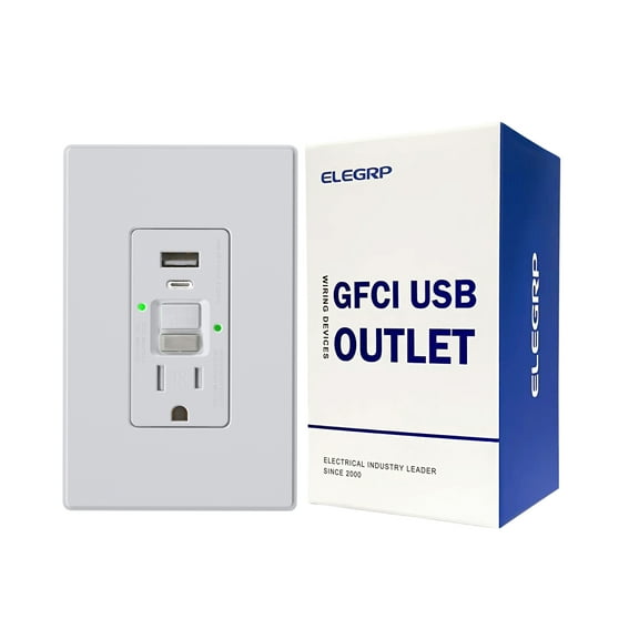 ELEGRP 15 Amp Tamper Resistant Self-Test GFCI Outlet with Night Light, 24W In-Wall USB Charger combo Receptacle, Type A & Type C, Midsize Screwless Wall Plate included, UL & CUL Listed, White, 1 pack