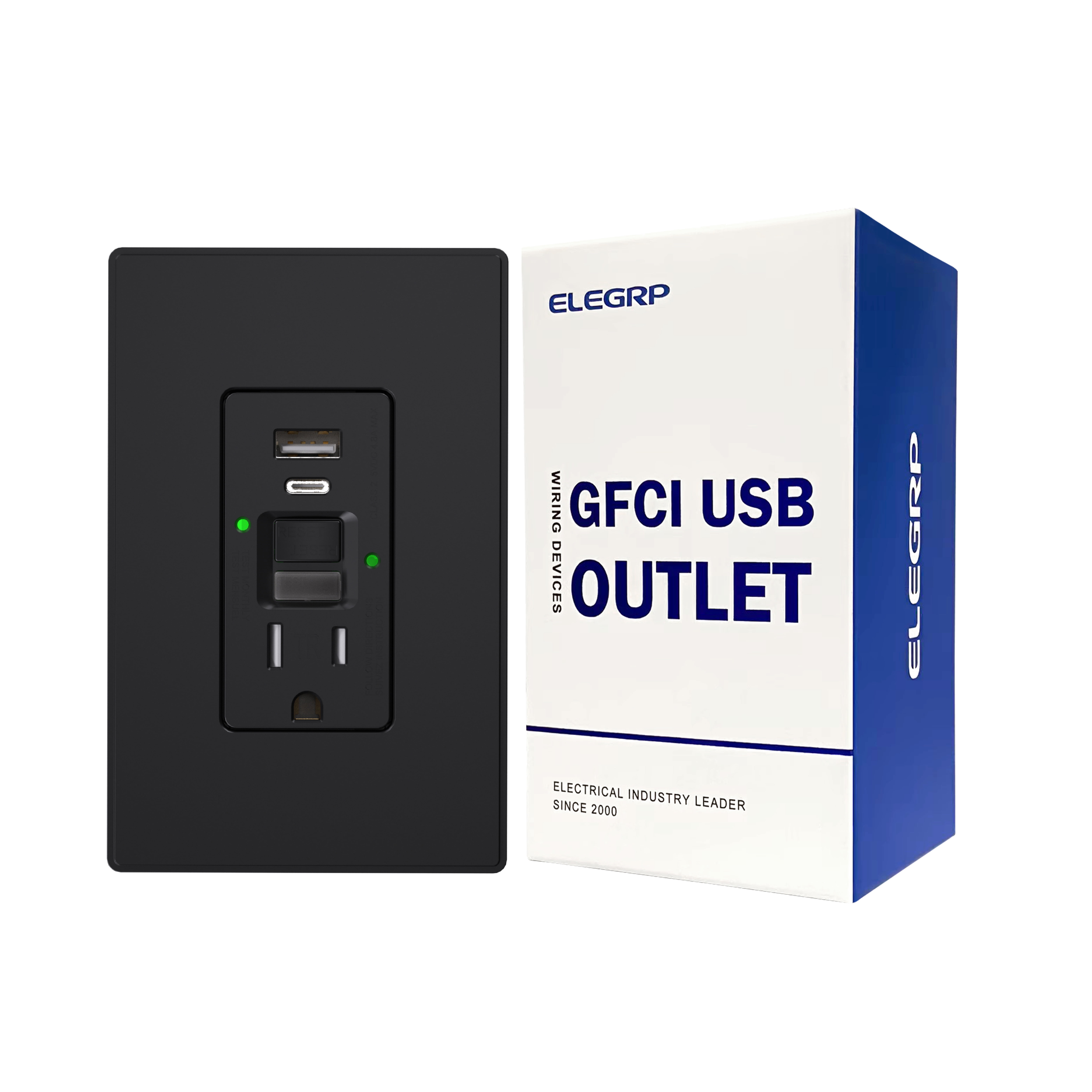 ELEGRP 15 Amp Tamper Resistant Self-Test GFCI Outlet with Night Light, 24W In-Wall USB Charger combo Receptacle, Type A & Type C, Midsize Screwless Wall Plate included, UL & CUL Listed, Black, 1 pack