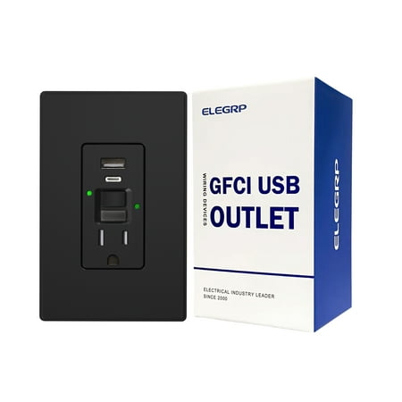 ELEGRP 15 Amp Tamper Resistant Self-Test GFCI Outlet with Night Light, 24W In-Wall USB Charger combo Receptacle, Type A & Type C, Midsize Screwless Wall Plate included, UL & CUL Listed, Black, 1 pack price history and forecast - ELEGRP