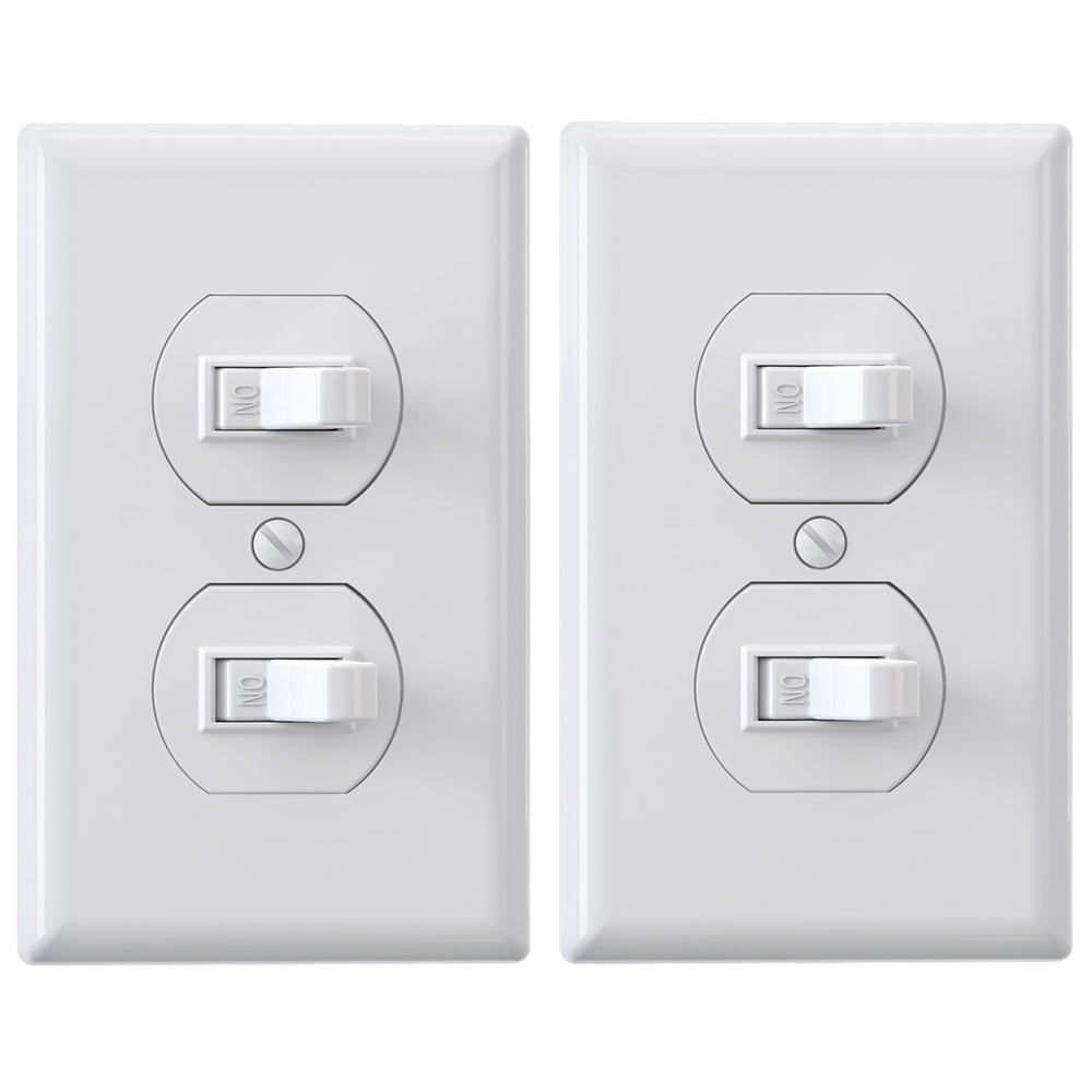 ELEGRP Double Toggle Light Switch, Two Single Pole Electrical Dual Light Switch, 15A, 120V, in-Wall On/Off Switch, Self-grounding, Wall Plate is Included, UL Listed，White 2PC