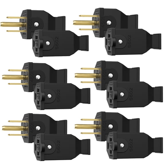 ELEGRP 2 Pole 3 Wire Grounding Straight Blade Plug & Connector, 15A 125V, UL Listed, Male Female Extension Cord Replacement, Black, 6 Sets