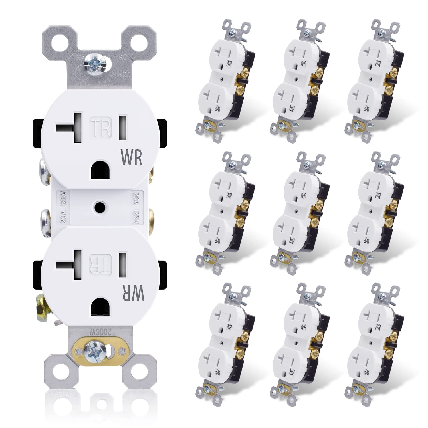 ELEGRP 20 Amp 125V Duplex Receptacle, Standard Electrical Wall Outlet, TR Tamper Resistant and WR Weather Resistant, 2 Pole 3 Wire, Self-Grounding, Residential Grade, UL Listed, Glossy White, 10 Pack
