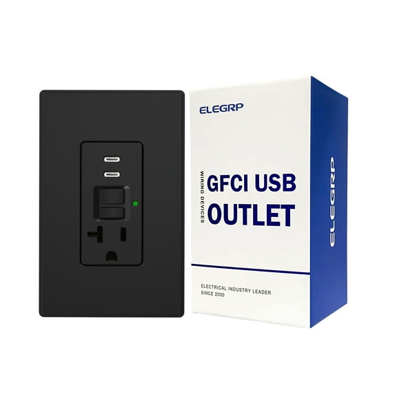 ELEGRP 20 Amp Self-Test GFCI Outle & 24W In-Wall USB Charger combo Receptacle, Dual Type C, Midsize Screwless Wall Plate included, UL & CUL Listed, Black, 1 pack