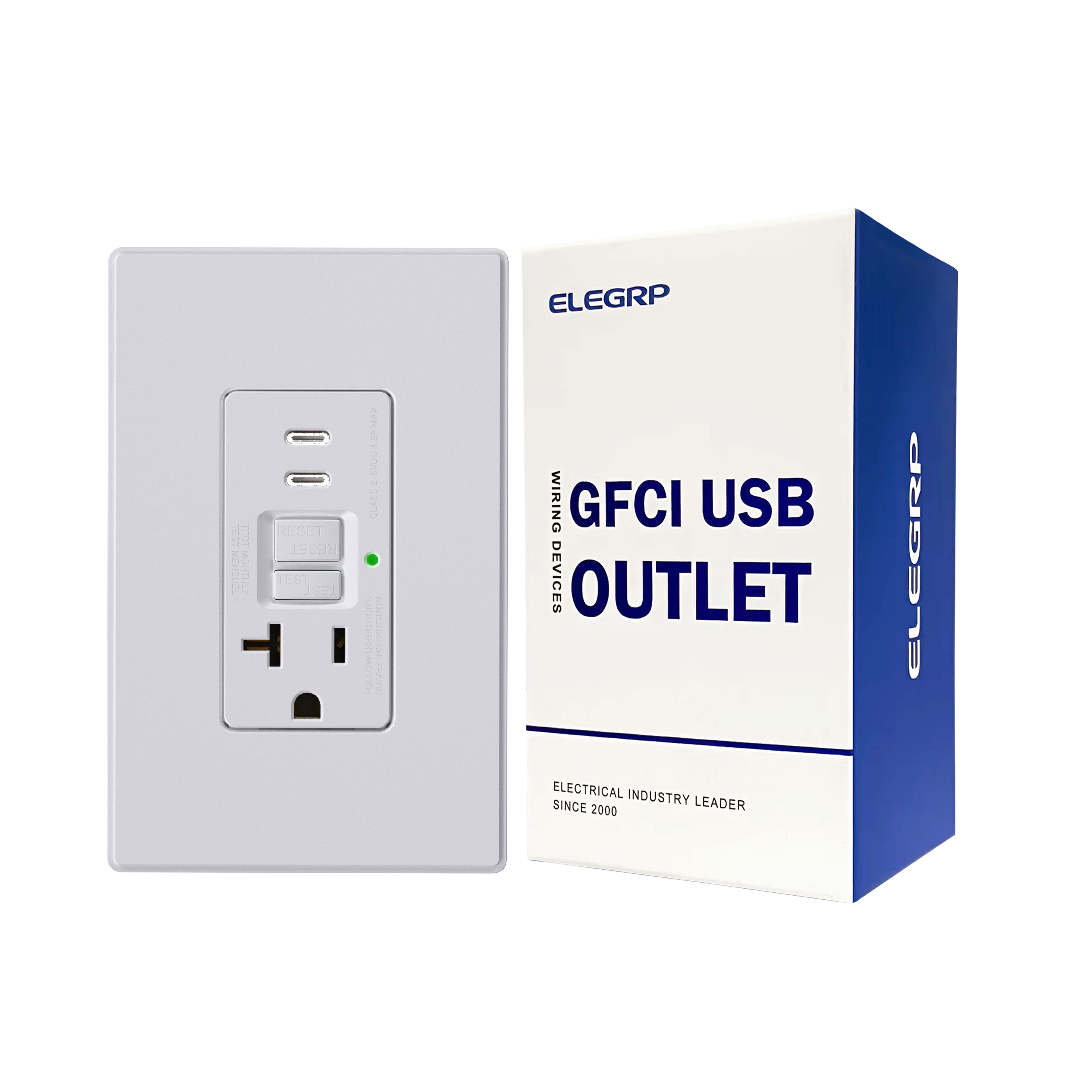 ELEGRP 20 Amp Self-Test GFCI Outle & 24W In-Wall USB Charger combo Receptacle, Dual Type C, Midsize Screwless Wall Plate included, UL & CUL Listed, White, 1 pack