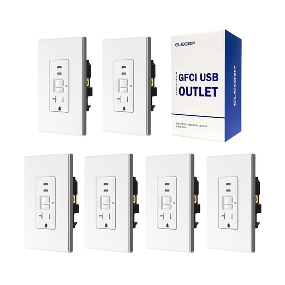 ELEGRP 20 Amp Tamper Resistant Self-Test GFCI Outlet & 24W In-Wall USB Charger combo Receptacle, Dual Type C, Midsize Screwless Wall Plate included, UL & CUL Listed, White, 6 pack