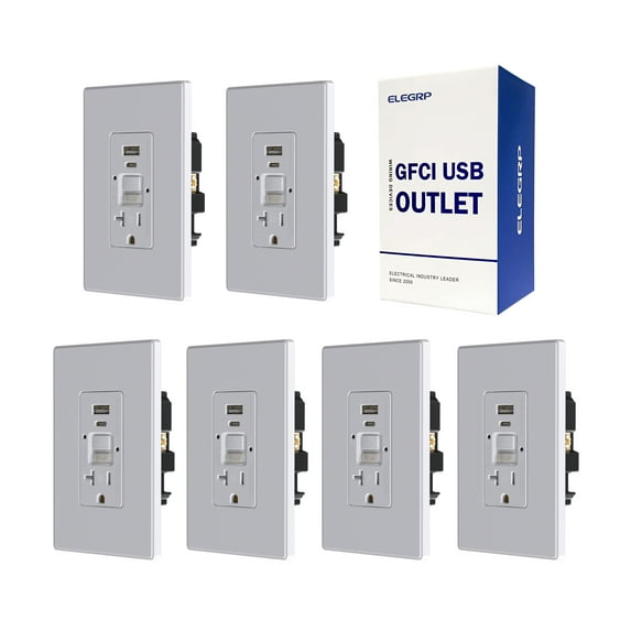 ELEGRP 20 Amp Tamper Resistant Self-Test GFCI Outlet with Night Light & 24W In-Wall USB Charger combo Receptacle, Type A & Type C, Midsize Screwless Wall Plate included, UL & CUL Listed, White, 6 pack