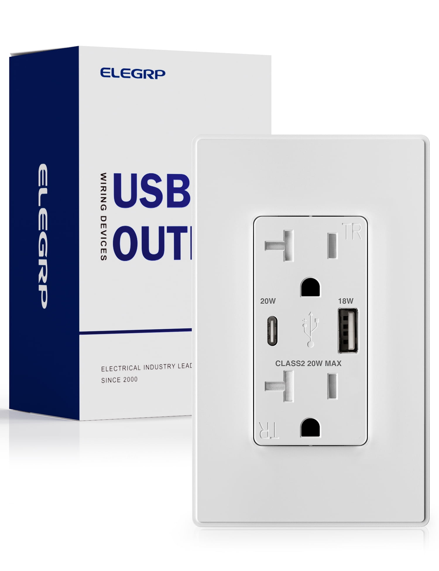 ELEGRP USB Outlets Receptacles, USB C Wall Outlet Supports 20W Power Delivery for iPhone/Samsung Galaxy/iPad Pro, 20 Amp Outlet with USB C Ports, Wall Plate included, UL Listed