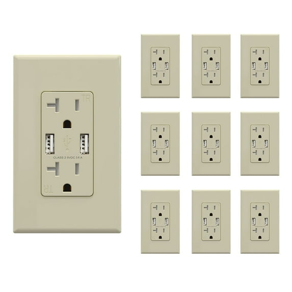 ELEGRP 3.6Amp USB Outlet, Dual Type A In-Wall Charger with 20 Amp Duplex TR Outlet,Wall Plate Included, Ivory, R1620D36-IV10 (10-Pack)