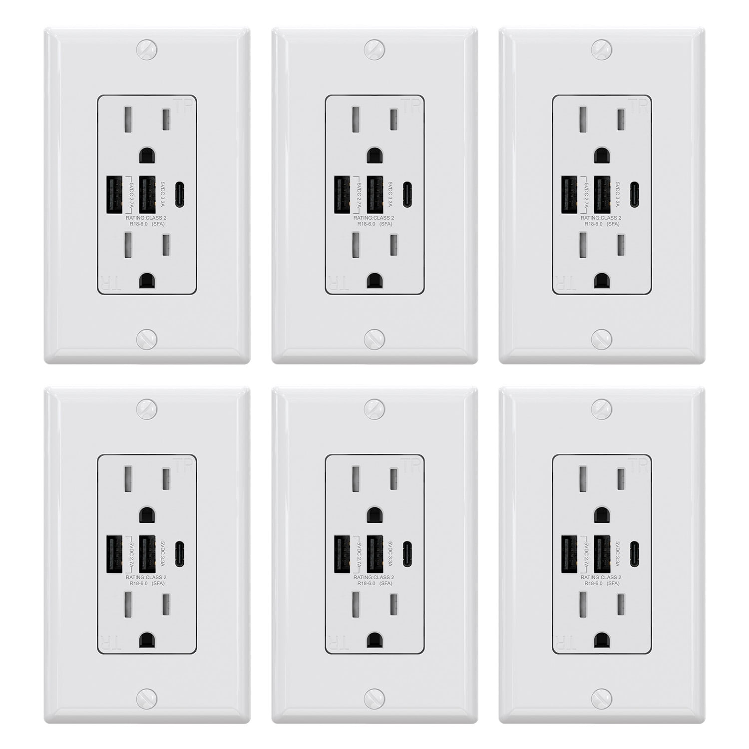 ELEGRP 30-Watt 15 Amp 3-Port Type C and Dual Type A USB Duplex USB Wall Outlet, 15Amp Tamper Resistant Receptacle, Wall Plate Included, White (6-Pack)