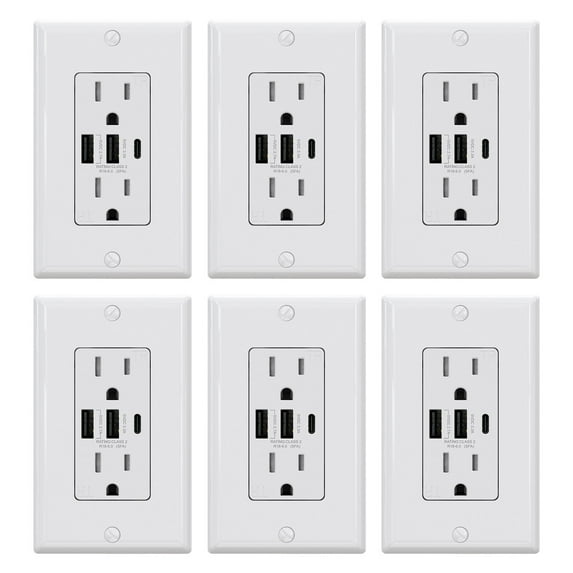 ELEGRP 30-Watt 15 Amp 3-Port Type C and Dual Type A USB Duplex USB Wall Outlet, 15Amp Tamper Resistant Receptacle, Wall Plate Included, White (6-Pack)