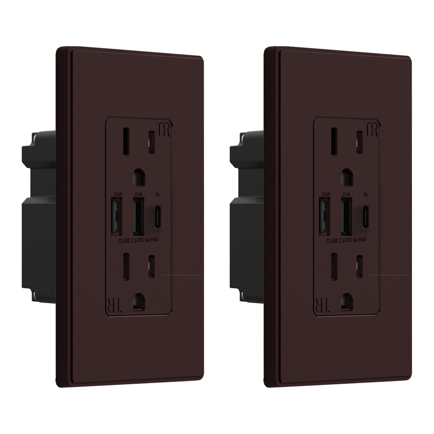 30W 15A 3-Port Type C and Dual Type A USB Duplex USB Wall Outlet, Wall Plate Included, Brown (2-Pack)