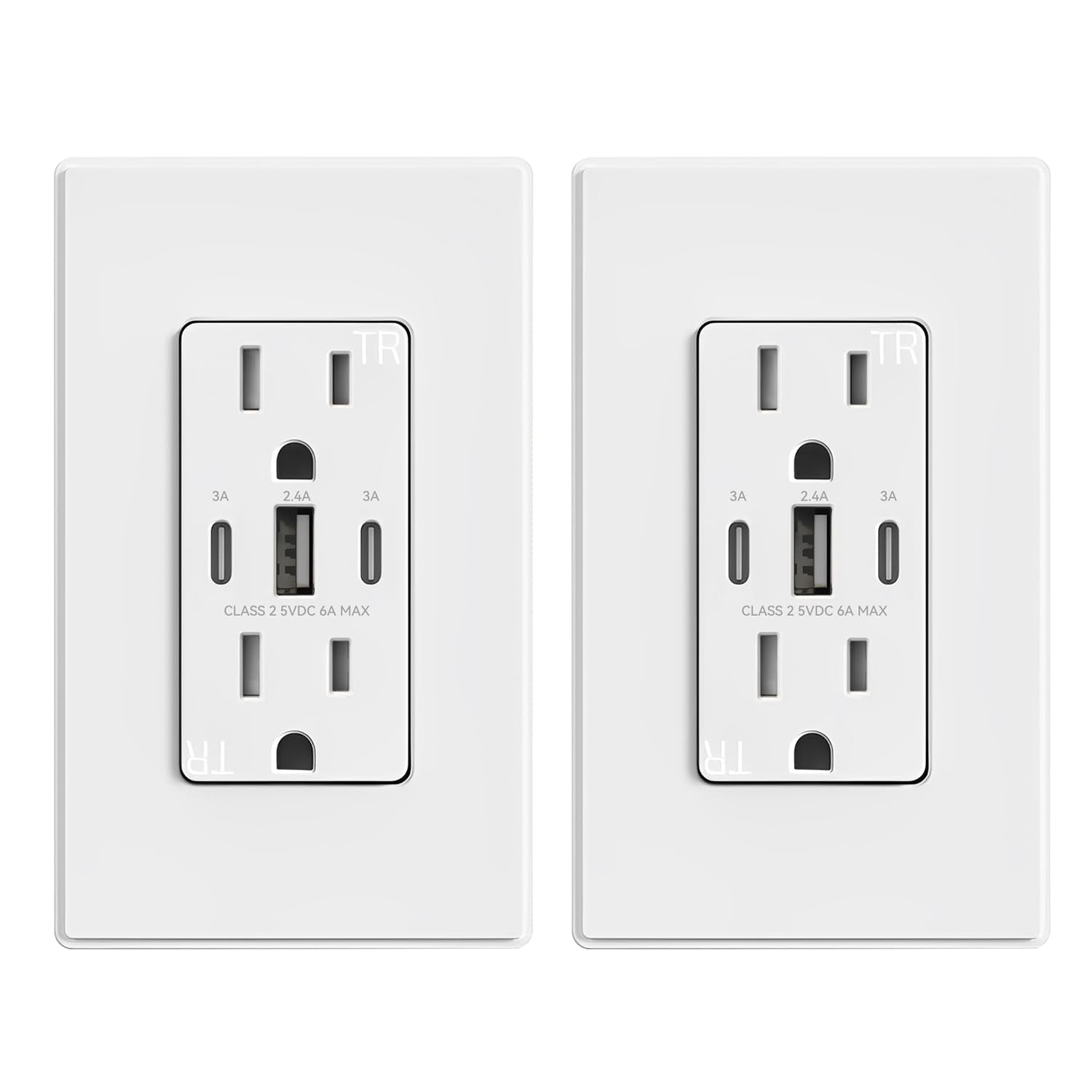 ELEGRP 30W 6.0 Amp 3-Port USB Wall Outlet, 15A Duplex Receptacle with Dual Type C & A Ports,UL Listed,w/Srewless Wall Plate, Matte White 2PC