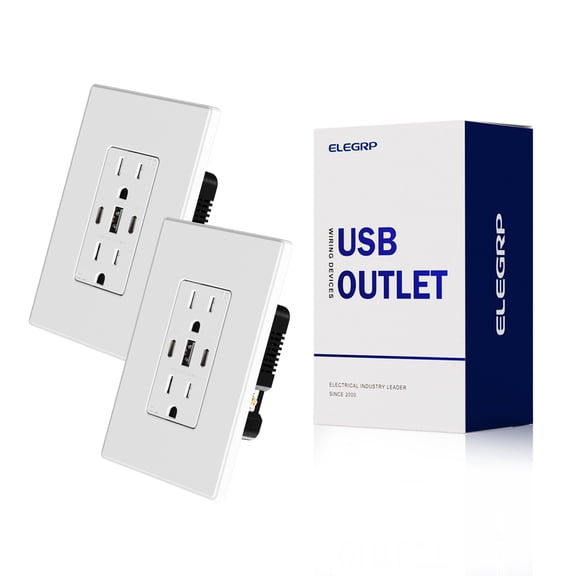 ELEGRP 30W 6.0 Amp 3-Port USB Wall Outlet, 15A Duplex Receptacle with Dual Type C & A Ports,UL Listed,w/Srewless Wall Plate, Matte White 2PC