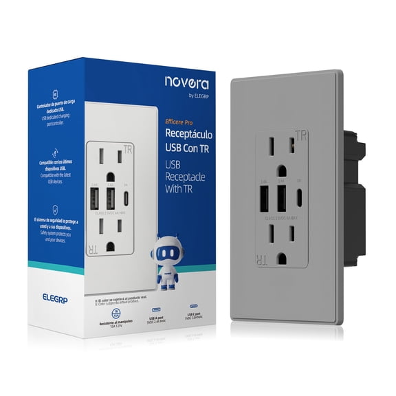 ELEGRP 30W 6.0 Amp 3-Port USB Wall Outlet, 15A Duplex Receptacle with Dual Type A & C Ports,UL Listed,w/Srewless Wall Plate, Matte Grey 1PC