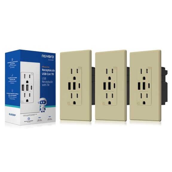 ELEGRP 30W 6.0 Amp 3-Port USB Wall Outlet, 15A Duplex Receptacle with Dual Type A & C Ports,UL Listed,w/Srewless Wall Plate, Matte Ivory 3PC