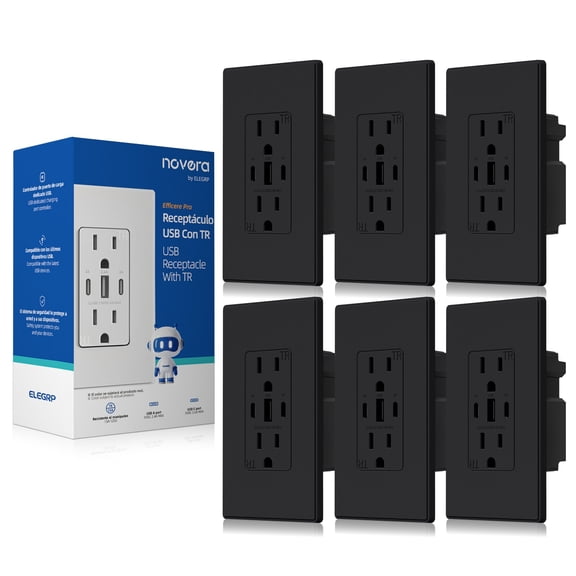 ELEGRP 30W 6.0 Amp 3-Port USB Wall Outlet, 15A Duplex Receptacle with Dual Type C & A Ports,UL Listed,w/Srewless Wall Plate, Matte Black 6PC