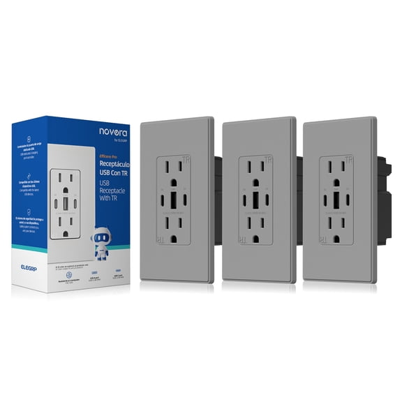 ELEGRP 30W 6.0 Amp 3-Port USB Wall Outlet, 15A Duplex Receptacle with Dual Type C & A Ports,UL Listed,w/Srewless Wall Plate, Matte Gray 3PC