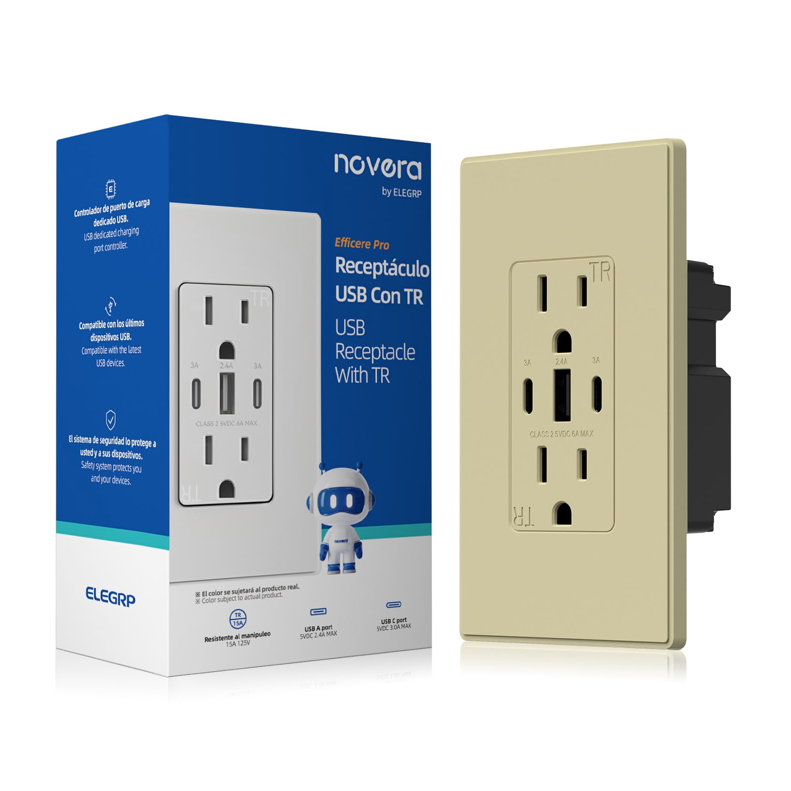 ELEGRP 30W 6.0 Amp 3-Port USB Wall Outlet, 15A Duplex Receptacle with Dual Type C & A Ports,UL Listed,w/Srewless Wall Plate, Matte Ivory 1PC